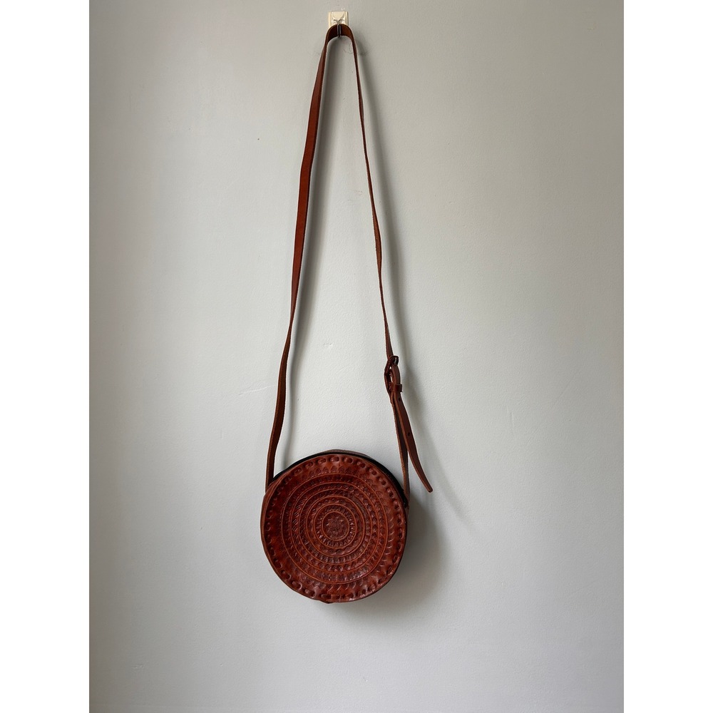 Handmade Round Leather Crossbody Bag Embossed Mandala Tooled Brown Boho Purse